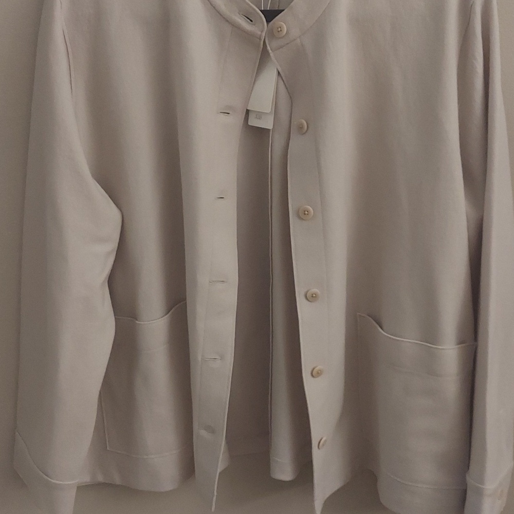 NEW EILEEN FISHER XL Wool Mandarin Collar Button Down Long Sleeve Jacket Chalk - Picture 6 of 16